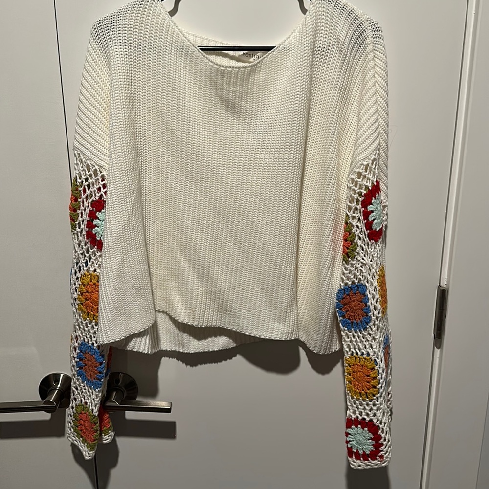 Cropped White Sweater with Crocheted Sleeves